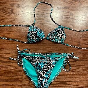 Animal print mirror studs sexy STRING bikini 2 piece swimsuit both pieces S